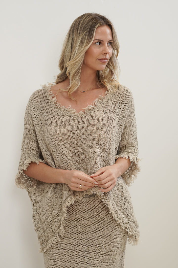 Sarita Fringed Top Natural & Black