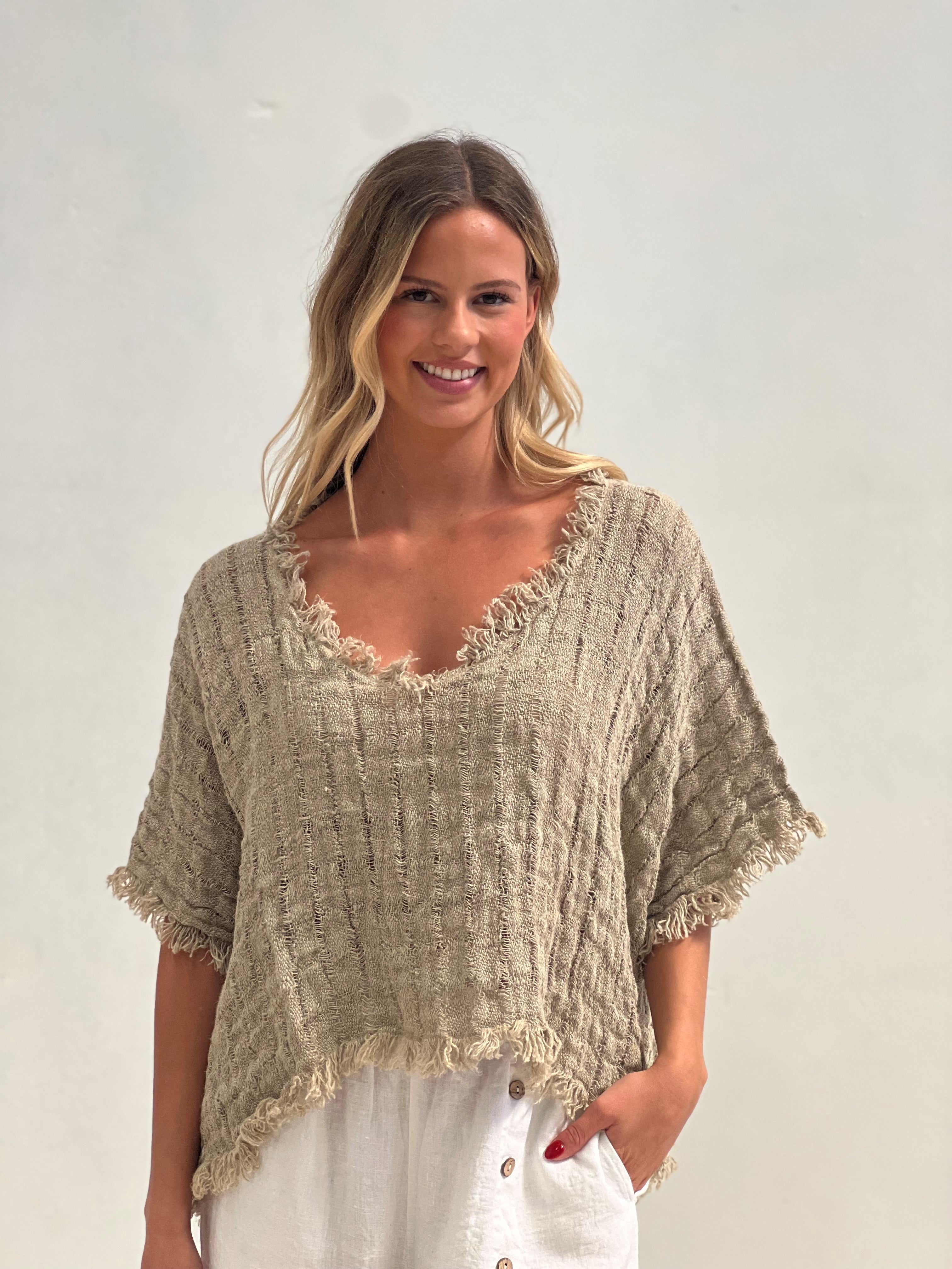 Sarita Fringed Top Natural & Black